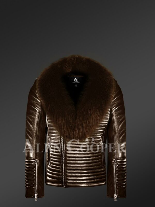 New Men’s coffee real leather biker jacket with leather ribs and coffee fur collar