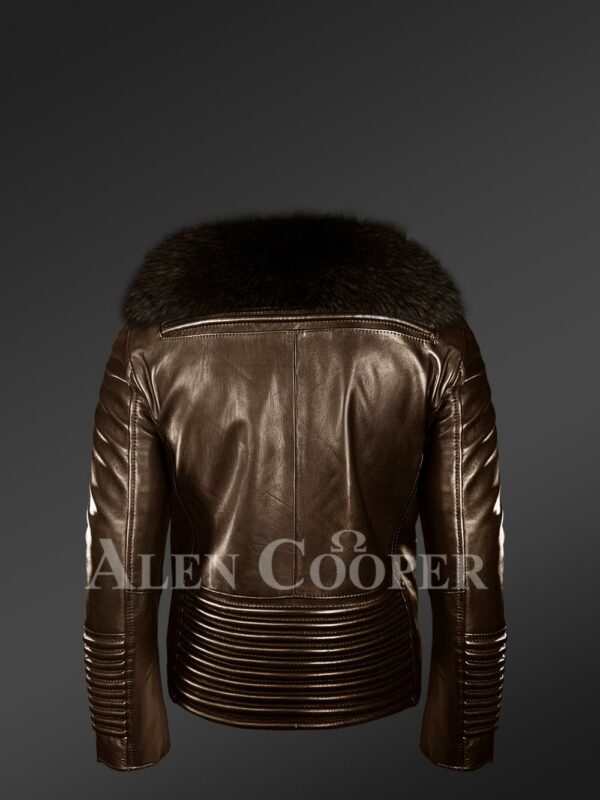 New Men’s coffee real leather biker jacket with leather ribs and coffee fur collar back side view