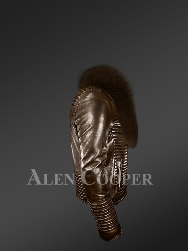 New Men’s coffee real leather biker jacket with leather ribs and coffee fur collar side view