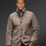 New Men’s genuine lamb shearling vintage mid length jacket with tonal leather trim