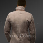 New Men’s genuine lamb shearling vintage mid length jacket with tonal leather trim back view