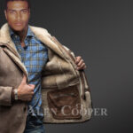 New Men’s genuine lamb shearling vintage mid length jacket with tonal leather trim view