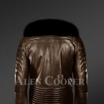 New Men’s iconic and comfy leather biker jacket with black real fox fur collar back side view
