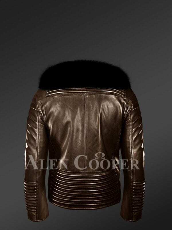 New Men’s iconic and comfy leather biker jacket with black real fox fur collar back side view