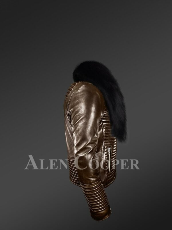New Men’s iconic and comfy leather biker jacket with black real fox fur collar side view