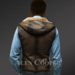 New Men’s short and vintage feel double face shearling winter vest back side view