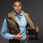 New Men’s short and vintage feel double face shearling winter vest side view