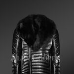 New Men’s sturdy black real leather biker jacket with leather ribs and black fox fur collar