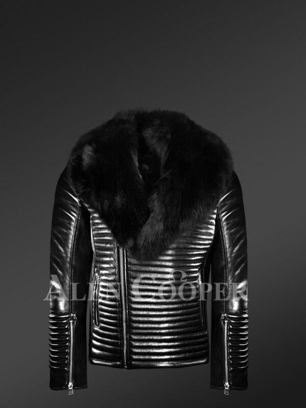 New Men’s sturdy black real leather biker jacket with leather ribs and black fox fur collar