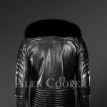 New Men’s sturdy black real leather biker jacket with leather ribs and black fox fur collar Back side view