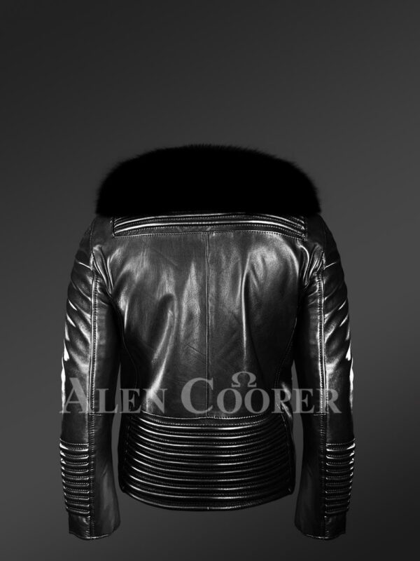 New Men’s sturdy black real leather biker jacket with leather ribs and black fox fur collar Back side view