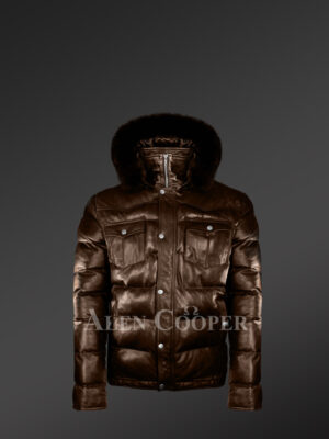 New Quality quilted real leather warm winter coat for men with real fur hood