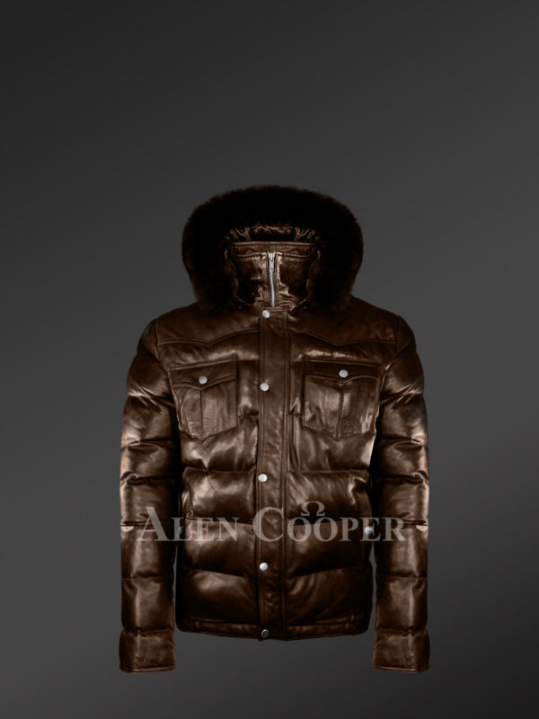 New Quality quilted real leather warm winter coat for men with real fur hood