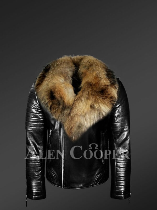 New Stunning real leather lapel collar biker jacket with raccoon fur collar for men