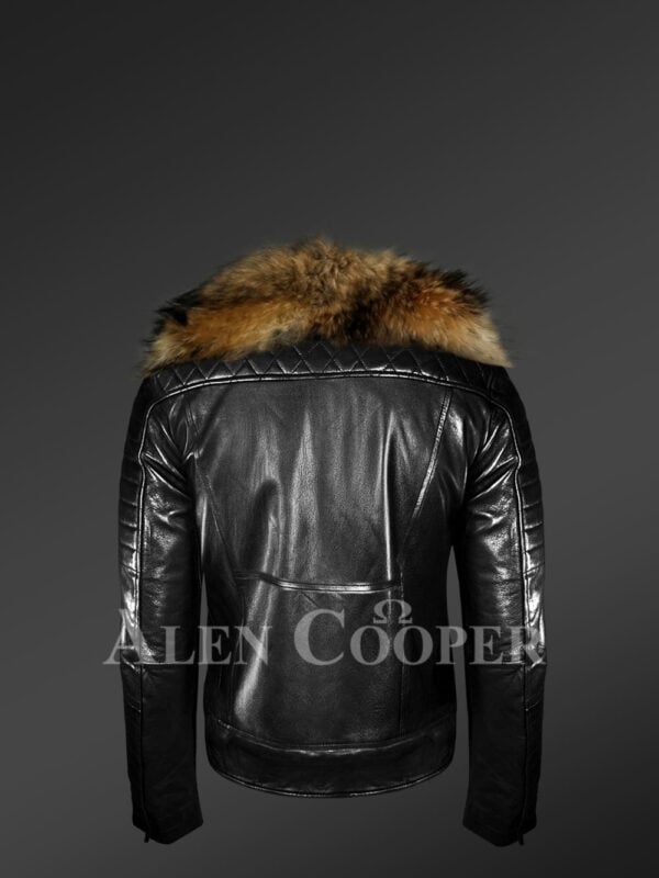 New Stunning real leather lapel collar biker jacket with raccoon fur collar for men back side view