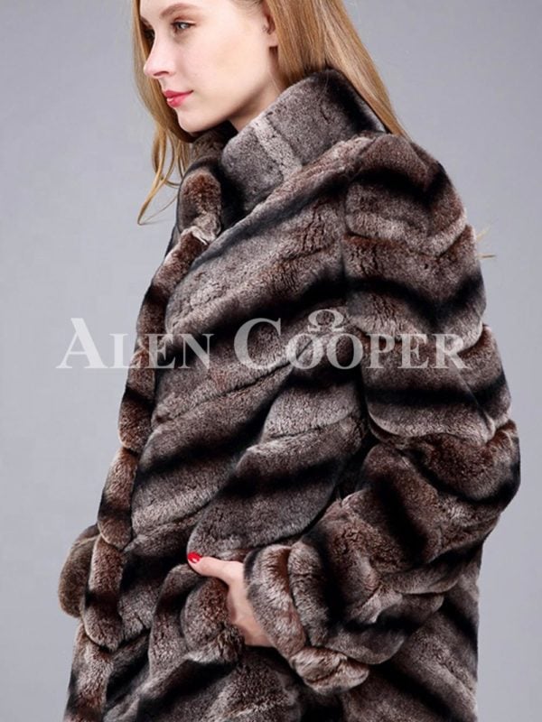 Over sized high neck real rabbit fur winter outerwear for women side view