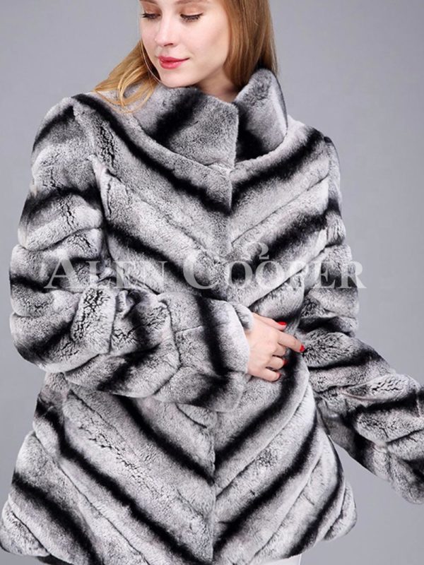 Over sized high neck real rabbit fur winter outerwear for women's in grey