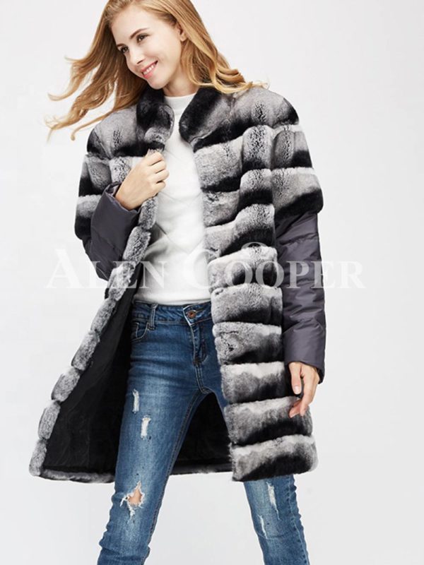 Poly ester shell long real fur warm winter coat for women