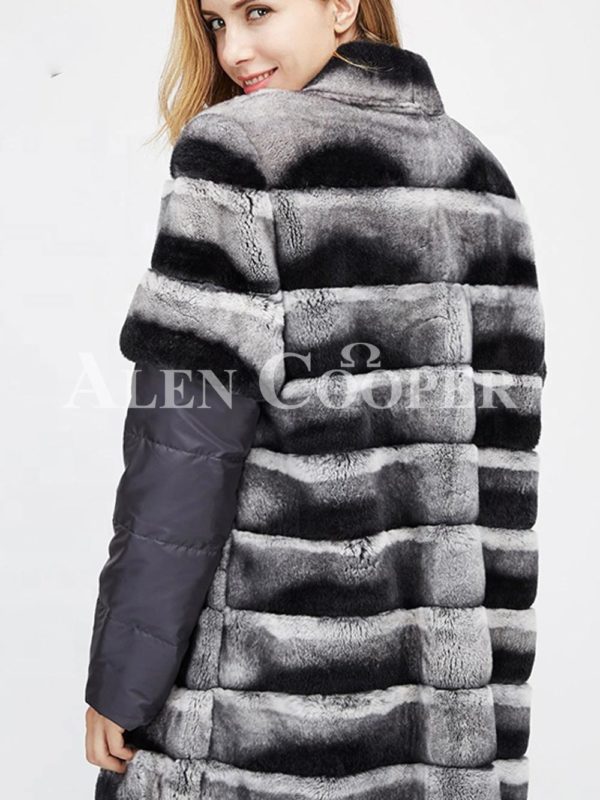 Poly ester shell long real fur warm winter coat for women back side view