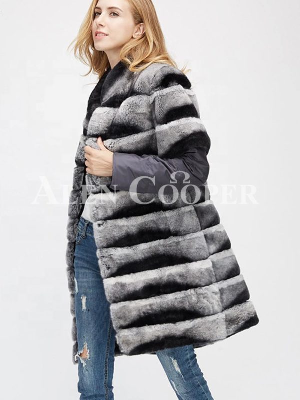 Poly ester shell long real fur warm winter coat for women side view