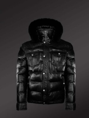 Real Leather Puffy Jacket With Detachable Fur Hood new view