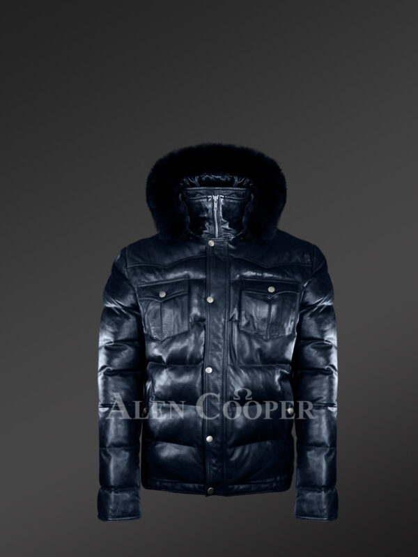 Real fur hood real leather winter coat for men in navy new