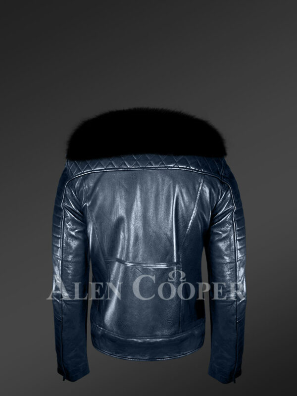 Real leather navy winter biker jacket with black fox fur collar new back side view