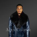 Real leather navy winter biker jacket with black fox fur collar new with model