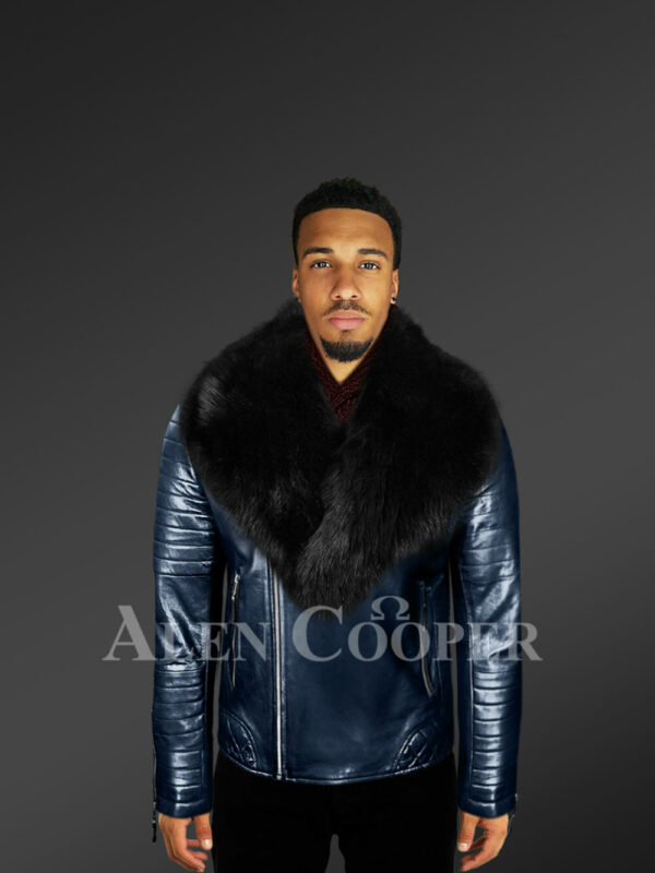 Real leather navy winter biker jacket with black fox fur collar new with model