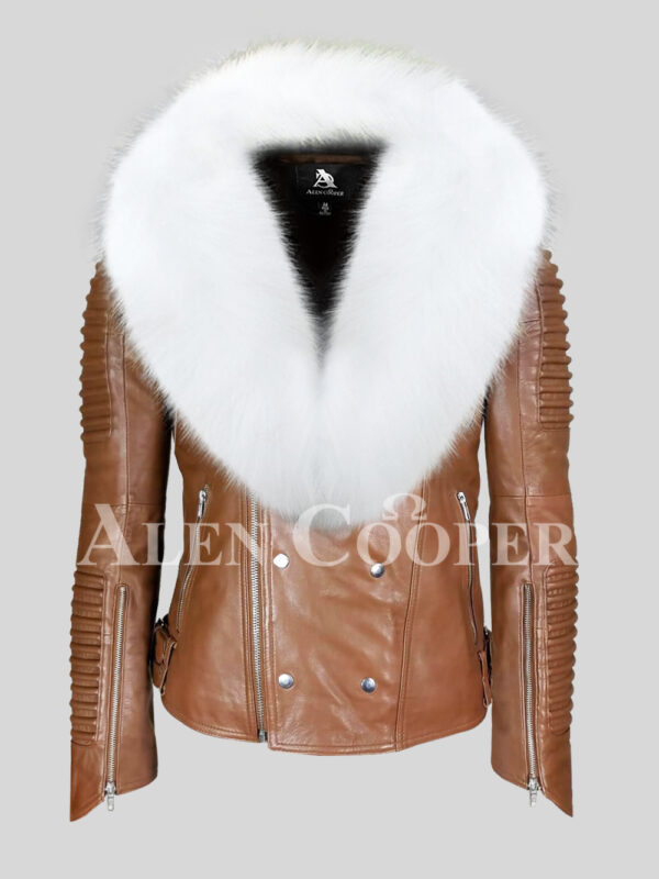 Real leather tan biker jacket for men with snow white wide fox fur collar
