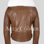 Real leather tan biker jacket for men with snow white wide fox fur collar back side view