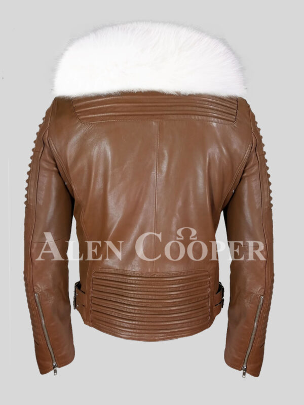 Real leather tan biker jacket for men with snow white wide fox fur collar back side view