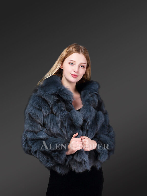 Stylish and luxury uneven textured real fox fur coat in peacock blue new view