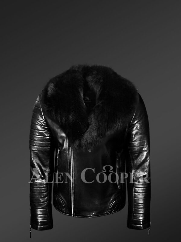Super stylish real leather black biker jacket with black fox fur new