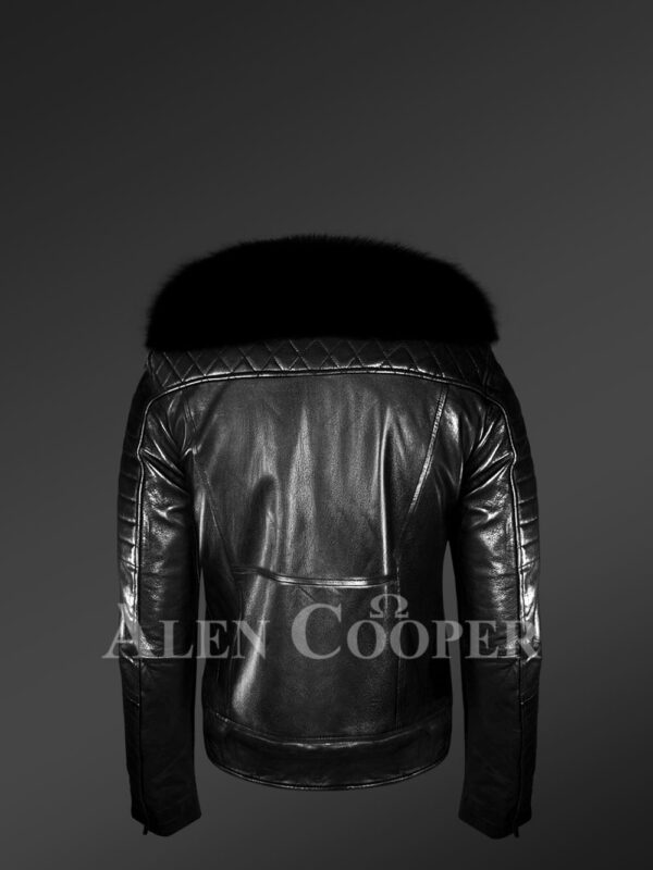 Super stylish real leather black biker jacket with black fox fur new back side view