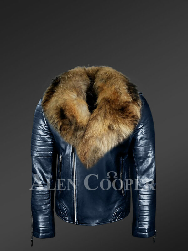 Super stylish real leather winter biker jacket with raccoon fur collar for men new