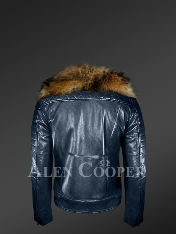 Super stylish real leather winter biker jacket with raccoon fur collar for men new back side view