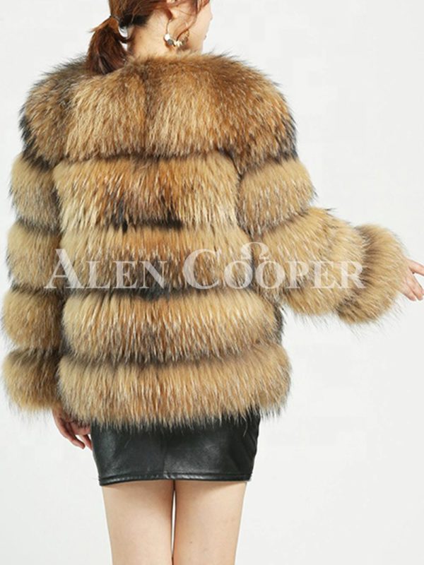 Thick real fur warm winter coat for women with detachable fur collar back side view