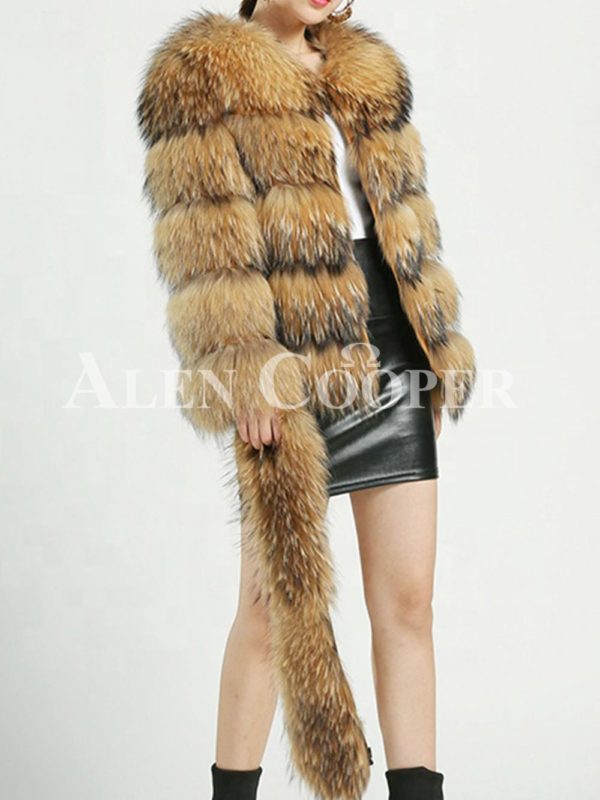 Thick real fur warm winter coat for women with detachable fur collar side view
