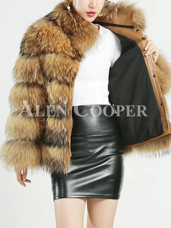 Thick real fur warm winter coat for womens with detachable fur collar
