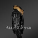 Vintage real leather quilted v-bomber black jacket with raccoon fur collar new side view