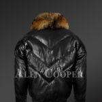 Vintage real leather quilted v-bomber black jacket with raccoon fur collar new side view back side
