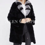 Women long real fur black warm winter fur coat with lapel style bi-color collar