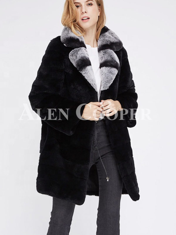 Women long real fur black warm winter fur coat with lapel style bi-color collar