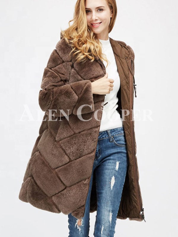 Women mid-length bi-color real fur coat with high neck