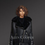 Women s real warm super stylish double face shearling mid length coat with belts black new