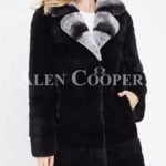 Womens long real fur black warm winter fur coat with lapel style bi-color collar