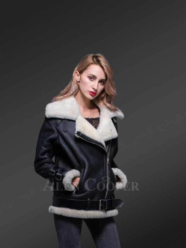 Womens stylish lapel collar double face shearling warm winter coat new view