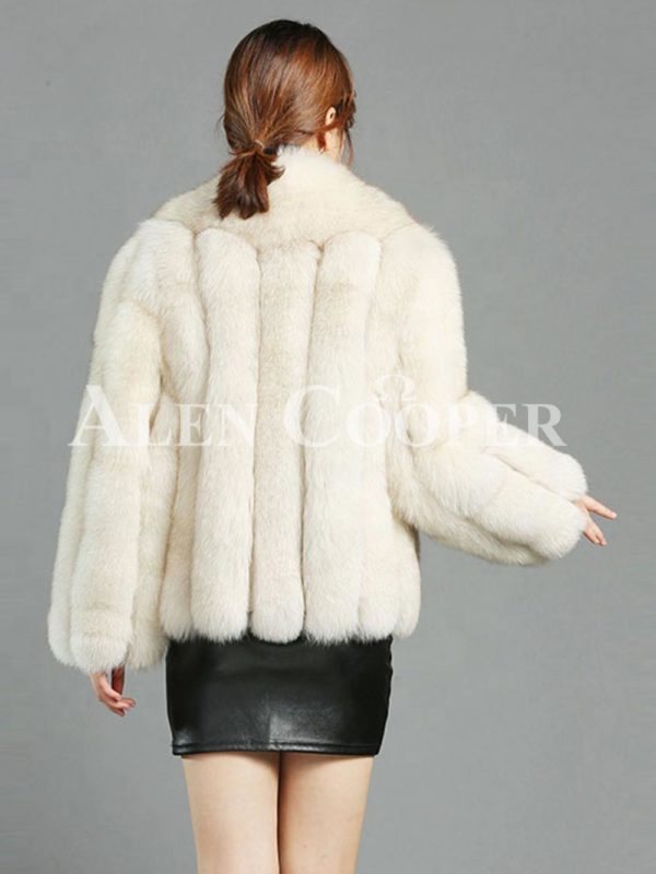 Women's super stylish and luxury real fox fur white coat back side view
