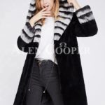 Women’s long black real rabbit fur winter coat with stylish bi-color wide collar